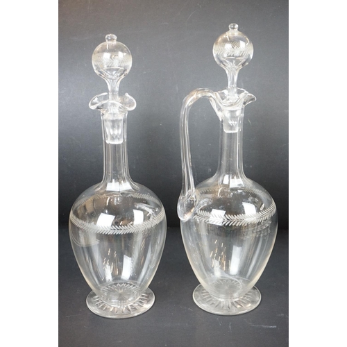 98 - Set of early 20th century etched glassware to include 20 glasses (16 sherry & 4 wine), 2 decanters &... 