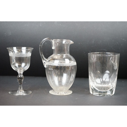 98 - Set of early 20th century etched glassware to include 20 glasses (16 sherry & 4 wine), 2 decanters &... 