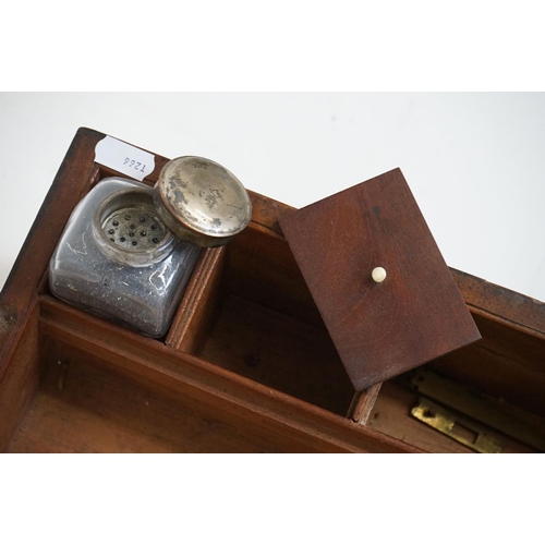 188 - An antique mahogany writing slope with brass fittings together with a wooden Chinese tray with brass... 