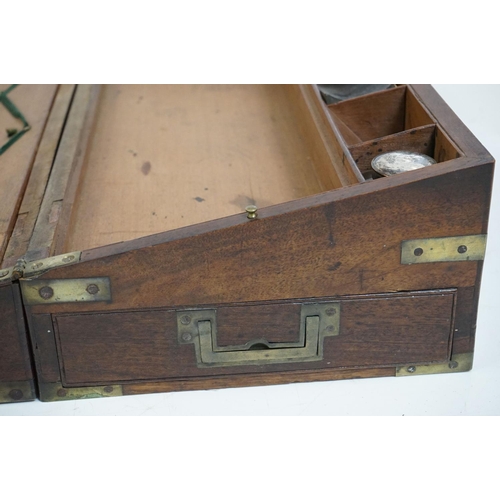 188 - An antique mahogany writing slope with brass fittings together with a wooden Chinese tray with brass... 