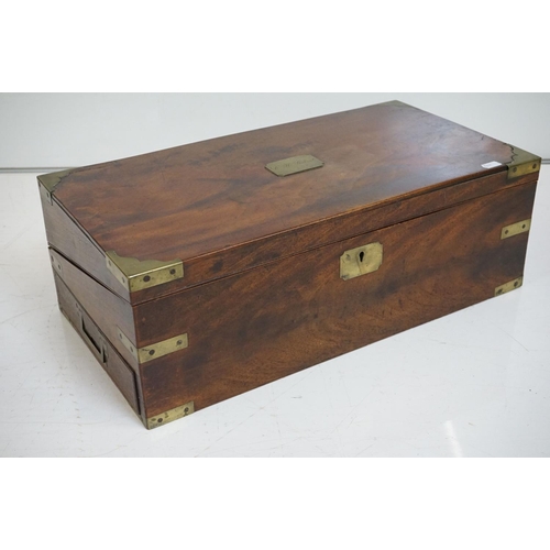 188 - An antique mahogany writing slope with brass fittings together with a wooden Chinese tray with brass... 