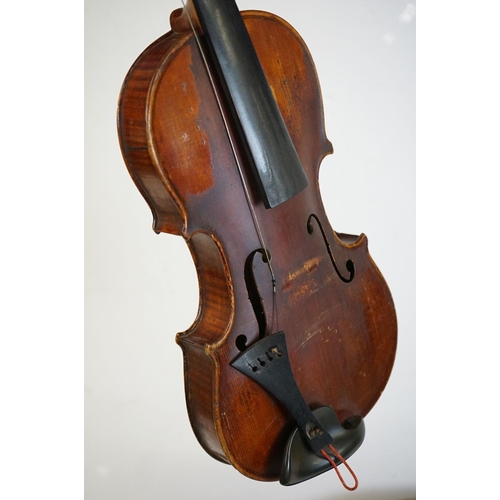 345 - A violin, two piece back, with hard case and bow.