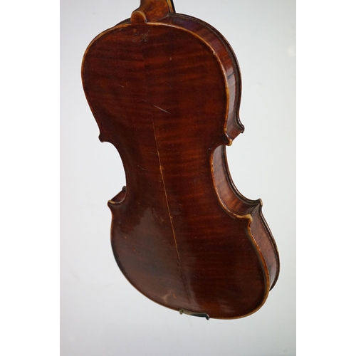 345 - A violin, two piece back, with hard case and bow.