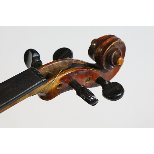 345 - A violin, two piece back, with hard case and bow.