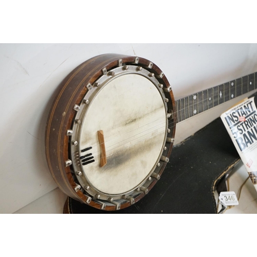 346 - A vintage Banjo, mother of pearl inlay, complete with case.