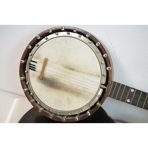 346 - A vintage Banjo, mother of pearl inlay, complete with case.