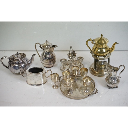 348 - A collection of mixed silver plate to include teapots, goblets, sugar bowl, coffee / water pot, egg ... 