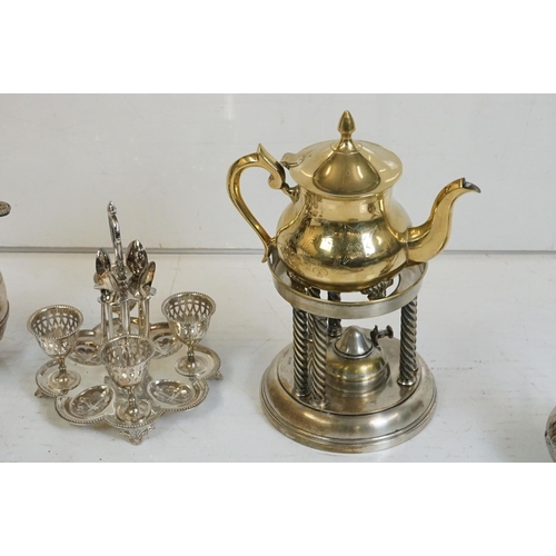 348 - A collection of mixed silver plate to include teapots, goblets, sugar bowl, coffee / water pot, egg ... 