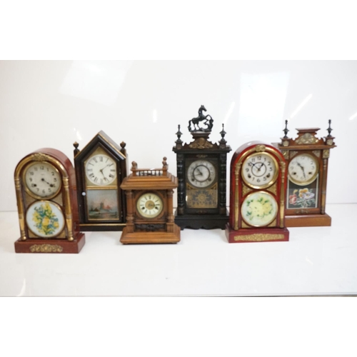 354 - A collection of six wooden cased mantle clocks contained within two boxes.