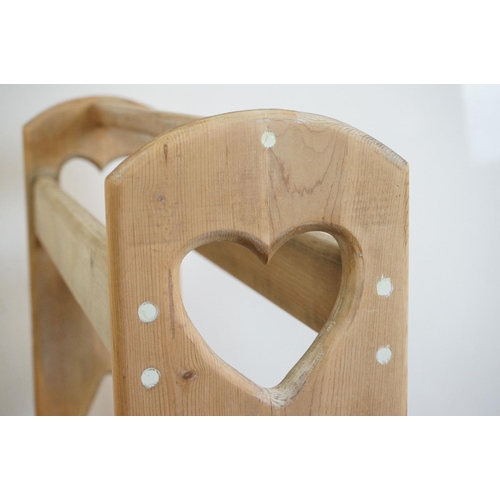 465 - Arts and Crafts Substantial Pine Double Towel Rail with pierced hearts to sides, 74cm long x 83cm hi... 