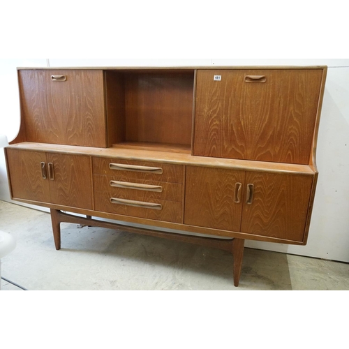 481 - Mid century G-Plan ' Fresco ' Teak Highboard, the upper section comprising a shelf flanked by a cock... 