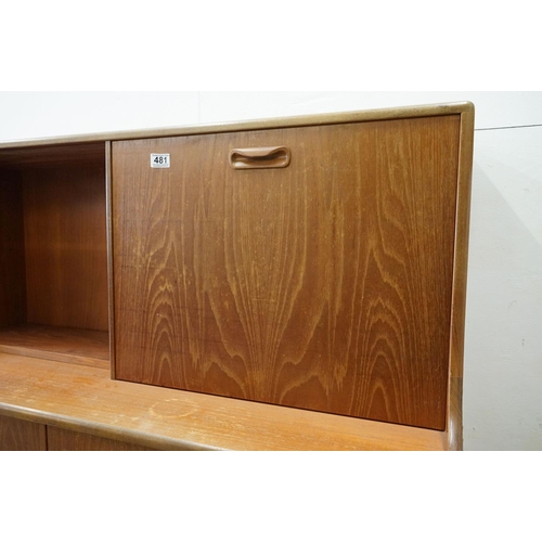 481 - Mid century G-Plan ' Fresco ' Teak Highboard, the upper section comprising a shelf flanked by a cock... 