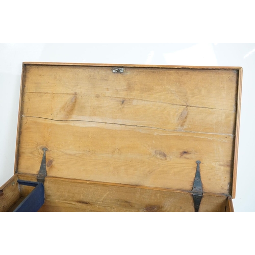 484 - 19th century Pine Blanket Box, the hinged lid opening to a candle tray, with carrying handles, 96cm ... 