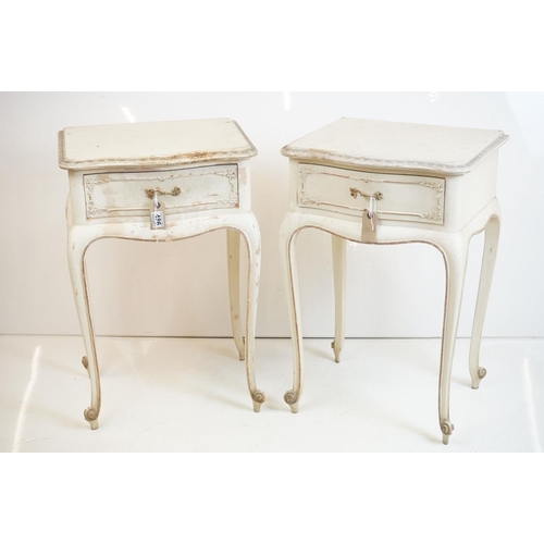 486 - Pair of French style Cream Painted Bedside Cabinets with moulded floral detail, each with a single d... 