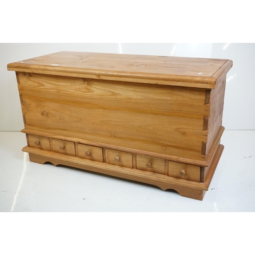 487 - Pine Mule Chest with hinged lid to top and six small drawers below, 109cm wide x 47cm deep x 60cm hi... 