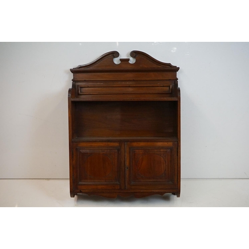 489 - Edwardian Mahogany Hanging Shelf and Cupboard with swan breakneck pediment, 58cm wide x 83cm high