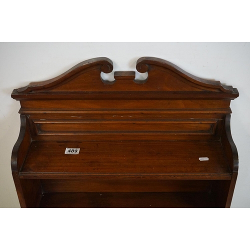 489 - Edwardian Mahogany Hanging Shelf and Cupboard with swan breakneck pediment, 58cm wide x 83cm high