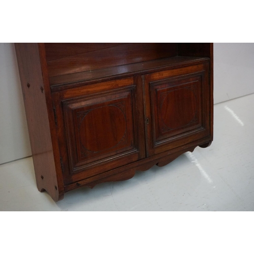 489 - Edwardian Mahogany Hanging Shelf and Cupboard with swan breakneck pediment, 58cm wide x 83cm high