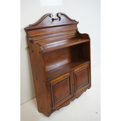 489 - Edwardian Mahogany Hanging Shelf and Cupboard with swan breakneck pediment, 58cm wide x 83cm high