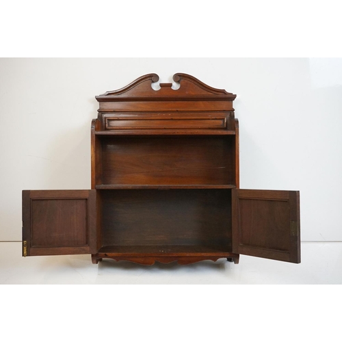 489 - Edwardian Mahogany Hanging Shelf and Cupboard with swan breakneck pediment, 58cm wide x 83cm high