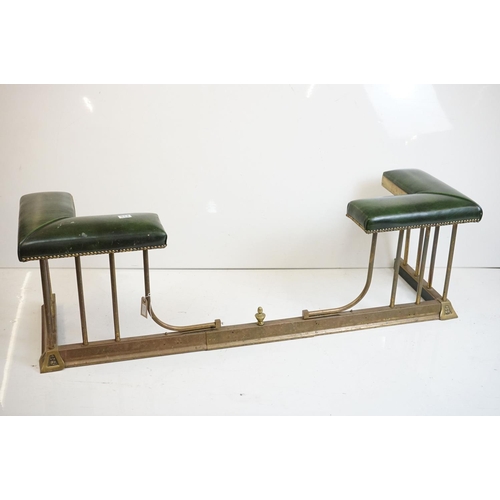 514 - Victorian style Brass Club Fender with green vinyl upholstered seats, 146cm long x 43cm deep x 47cm ... 