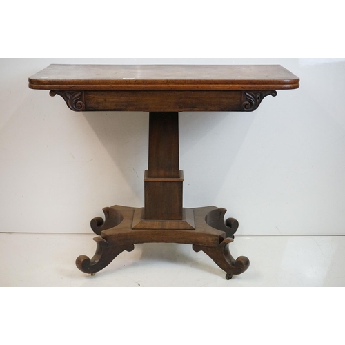 534 - William IV Mahogany Fold-over Tea Table, the top with rounded corners over a frieze flanked by leaf ... 