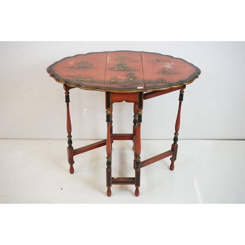 536 - Early 20th century Japanned Red Lacquered Small Gate-leg Table, the shaped oval top with chinoiserie... 