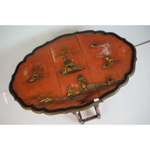 536 - Early 20th century Japanned Red Lacquered Small Gate-leg Table, the shaped oval top with chinoiserie... 