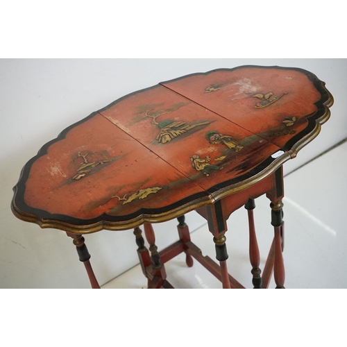 536 - Early 20th century Japanned Red Lacquered Small Gate-leg Table, the shaped oval top with chinoiserie... 