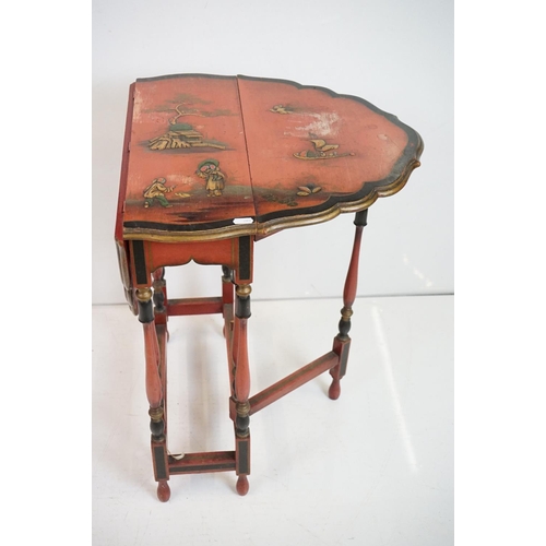 536 - Early 20th century Japanned Red Lacquered Small Gate-leg Table, the shaped oval top with chinoiserie... 