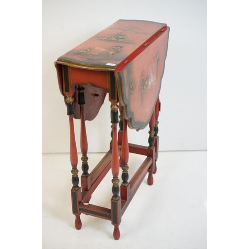 536 - Early 20th century Japanned Red Lacquered Small Gate-leg Table, the shaped oval top with chinoiserie... 