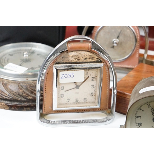 327 - A box of mixed collectables to include three desk clocks, barometer, gaming counters, letter racks, ... 