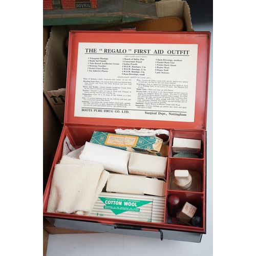 328 - A box of mixed collectables to include a mid 20th century first aid kit, vintage model rail, camera,... 