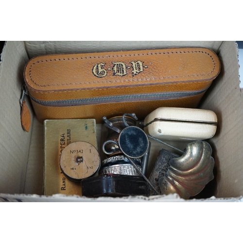 328 - A box of mixed collectables to include a mid 20th century first aid kit, vintage model rail, camera,... 