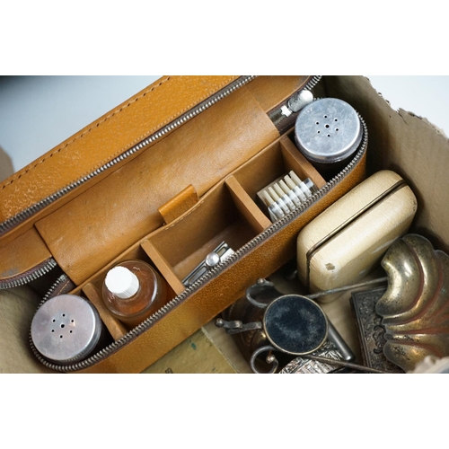 328 - A box of mixed collectables to include a mid 20th century first aid kit, vintage model rail, camera,... 