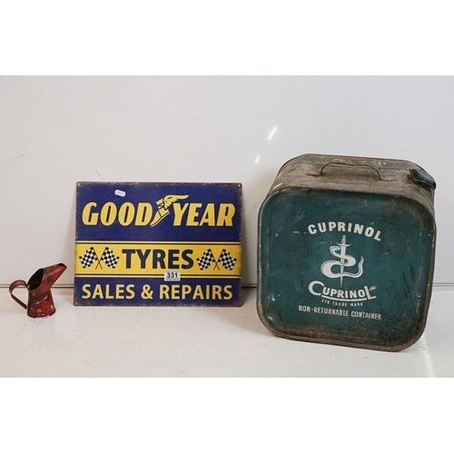 331 - A Goodyear tyres sales and repairs enamel sign together with a Cuprinol metal container and a Havoli... 