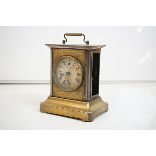 336 - Five mantel and carriage clocks, 4 wood, one brass, one bakelite.