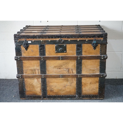 453 - Victorian Pine and Iron Bound Travelling Trunk of rectangular form, 76cm long x 48cm deep x 61cm hig... 