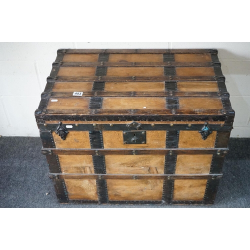 453 - Victorian Pine and Iron Bound Travelling Trunk of rectangular form, 76cm long x 48cm deep x 61cm hig... 