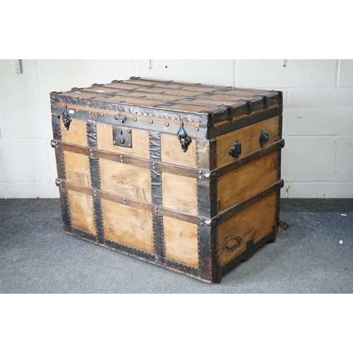 453 - Victorian Pine and Iron Bound Travelling Trunk of rectangular form, 76cm long x 48cm deep x 61cm hig... 