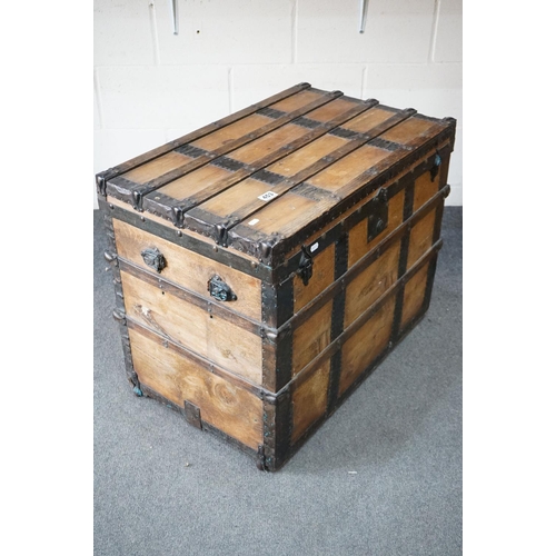 453 - Victorian Pine and Iron Bound Travelling Trunk of rectangular form, 76cm long x 48cm deep x 61cm hig... 