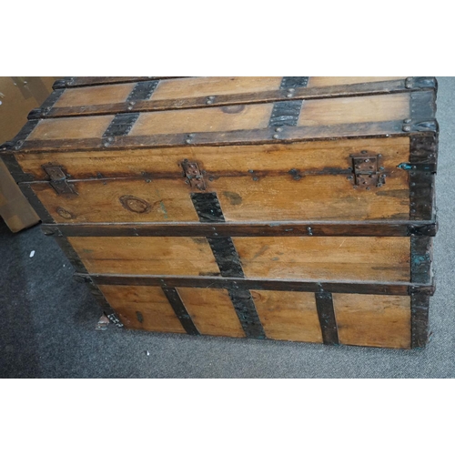 453 - Victorian Pine and Iron Bound Travelling Trunk of rectangular form, 76cm long x 48cm deep x 61cm hig... 