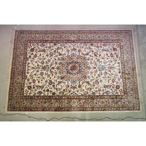 498 - Ivory Ground Full Pile Cashmere Rug with lozenge medallion design, 230cm x 160cm