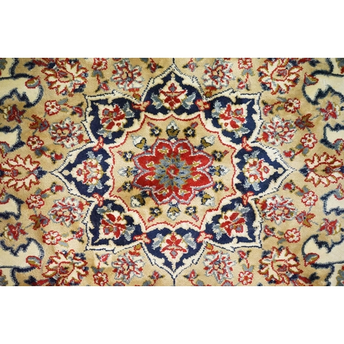 498 - Ivory Ground Full Pile Cashmere Rug with lozenge medallion design, 230cm x 160cm