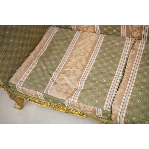 502 - Louis XV style Carved Gilt Wood Three Piece Suite comprising a three seater settee (230cm long x 113... 