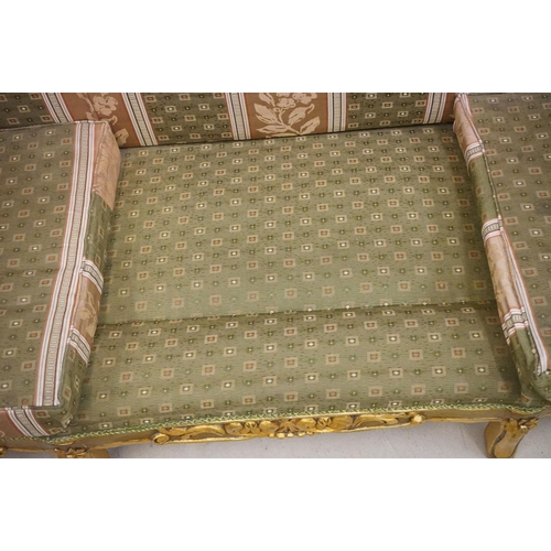 502 - Louis XV style Carved Gilt Wood Three Piece Suite comprising a three seater settee (230cm long x 113... 