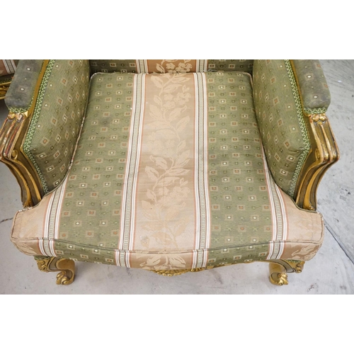 502 - Louis XV style Carved Gilt Wood Three Piece Suite comprising a three seater settee (230cm long x 113... 