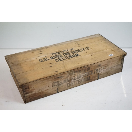 506 - Early to Mid century Pine Lidded Crate stamped to top and sides ' Property of Glos. Marketing Societ... 