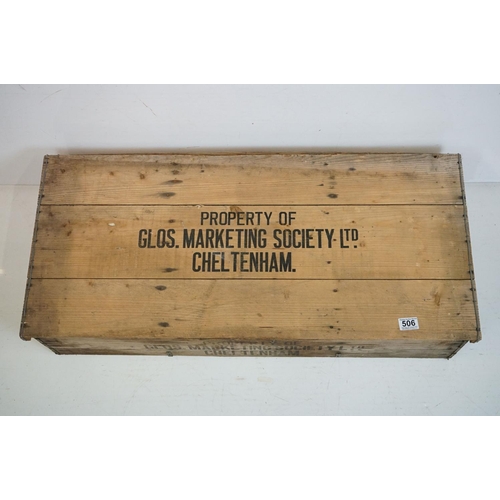 506 - Early to Mid century Pine Lidded Crate stamped to top and sides ' Property of Glos. Marketing Societ... 