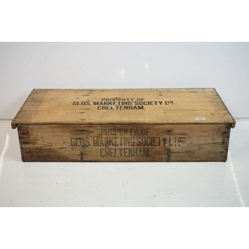 506 - Early to Mid century Pine Lidded Crate stamped to top and sides ' Property of Glos. Marketing Societ... 